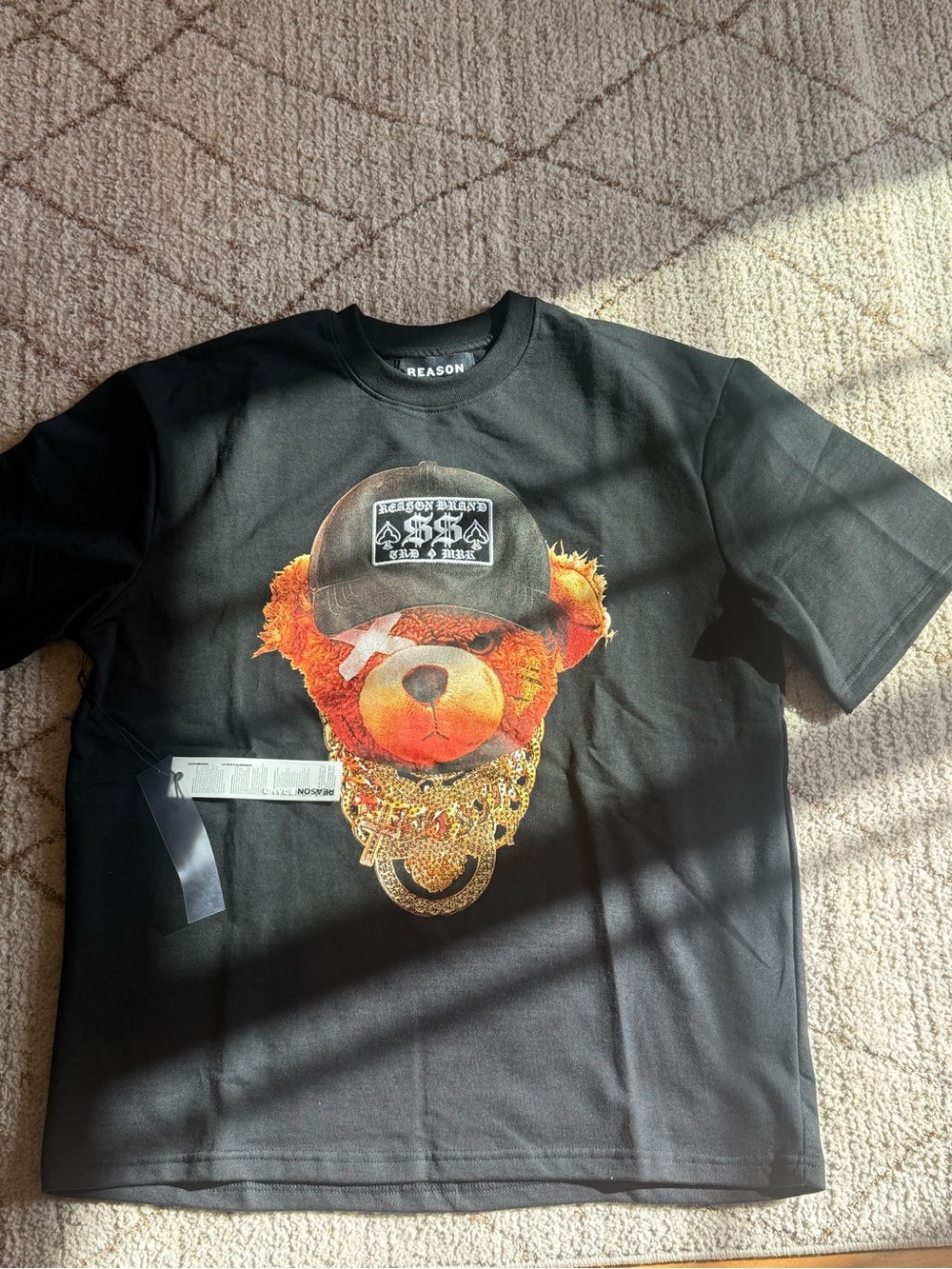 Reason Clothing Teddy Bear Gold Rhinestone Graphic T-Shirt Black S NWT
